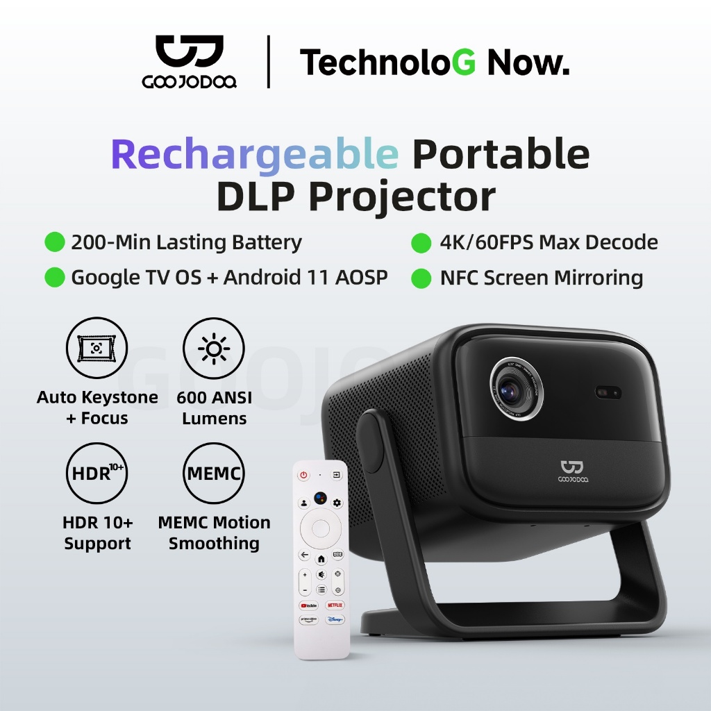 GOOJODOQ DLP โปรเจคเตอร์ แบบชาร์จไฟได้ Android11 AOSP + ระบบ Google TV 200-Min Lasting Battery 4K/120fps Max Decode