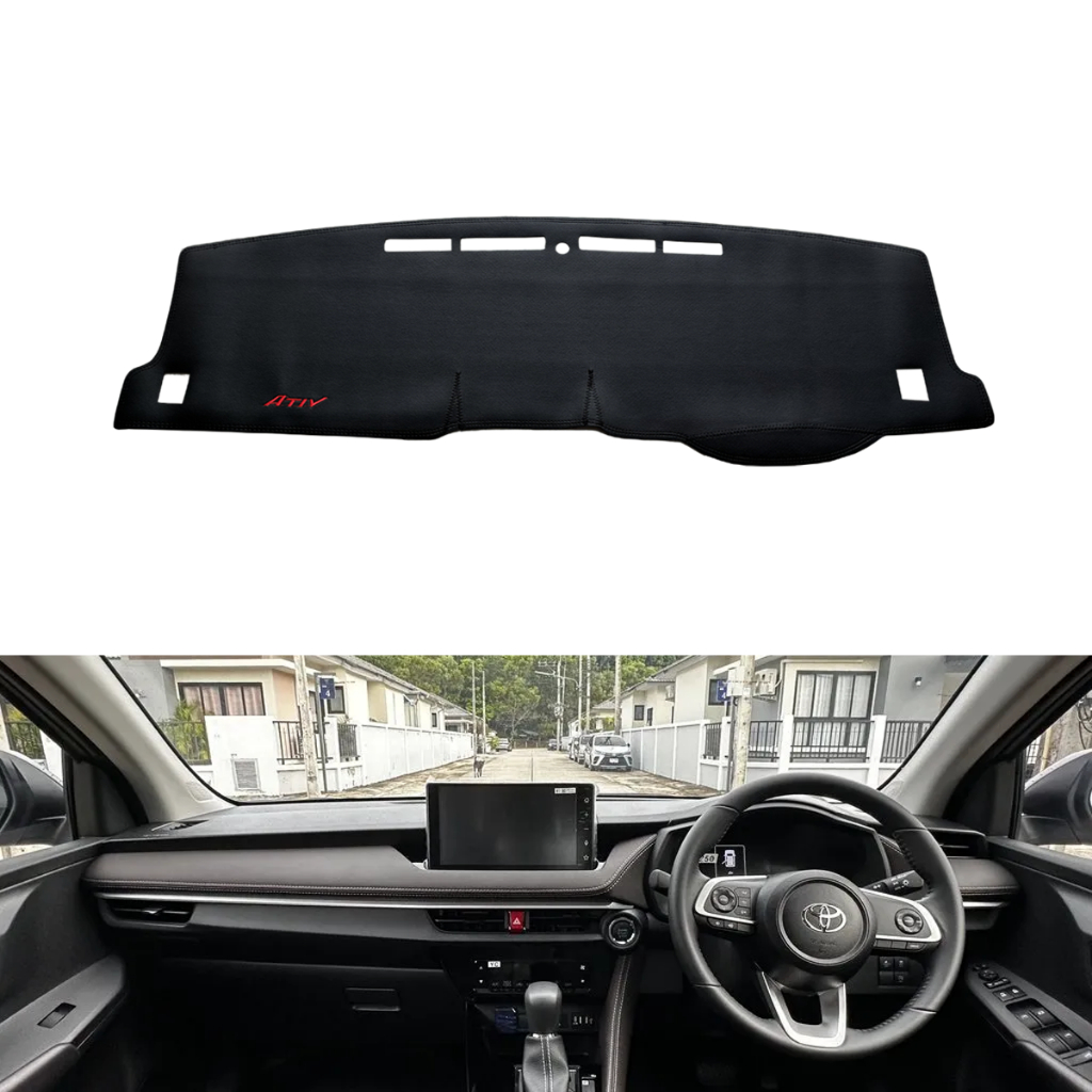 แผ่นบังแดดคอนโซลกลางสำหรับ Toyota Yaris Ativ ปี 2023–2026 (เบนซิน/ไฮบริด) ทำจากวัสดุหนัง ป้องกันการแตกและสีซีดจาง แผ่นตกแต่งแผงหน้าปัด สวยงามและทนทาน