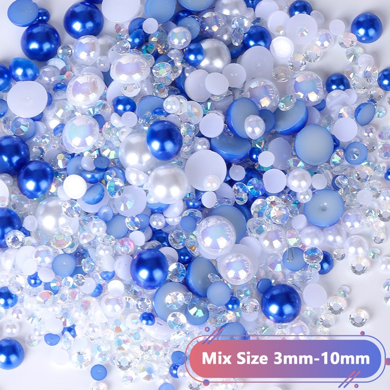3800PCS 30g ผสมแบนกลับ Pearls & Rhinestones 3 มม.-10 มม.สีฟ้าสีชมพูสีขาวสําหรับเล็บ Eye แต่งหน้า DIY Craft
