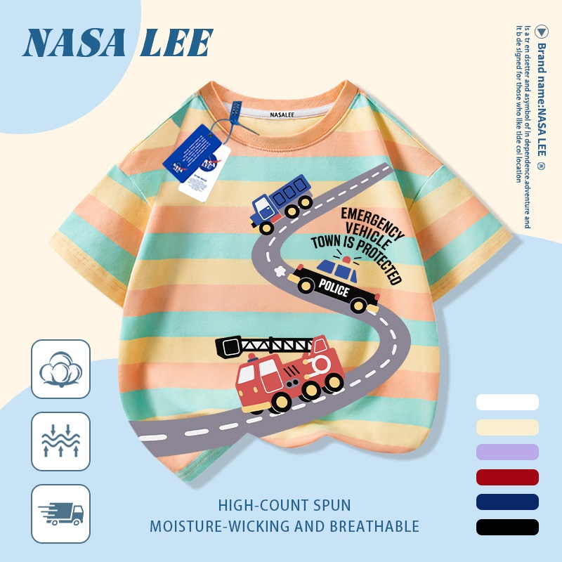 【จัดส่งวันเดียวกัน】เสื้อแขนสั้นผ้าฝ้ายแท้สีขาวสำหรับเด็ก ลาย NASA และรถบนถนน สุดเท่ ระบายอากาศดี เหมาะสำหรับเด็กอายุ 3-16 ปี ทั้งชายและหญิง สไตล์ลำลอง