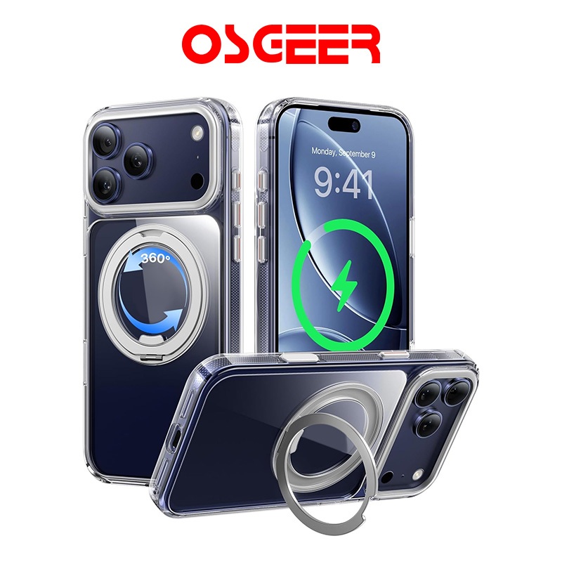 [OSGEER]เคสใสแม่เหล็กสําหรับ iPhone พร้อม 360° ขาตั้งแหวนหมุนได้กันกระแทกและชาร์จไร้สายได้ จัดส่งจากกรุงเทพฯ