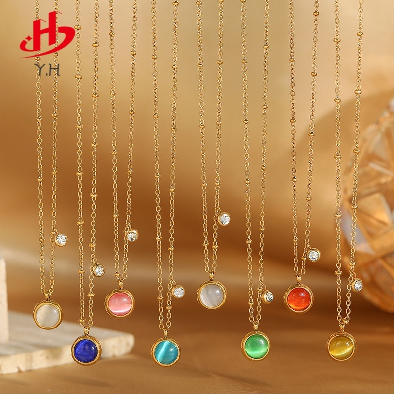 ⭐Y.H⭐ 316L วงกลม หินอ่อนสีขาว โชคดี 18 K สร้อยคอสแตนเลส