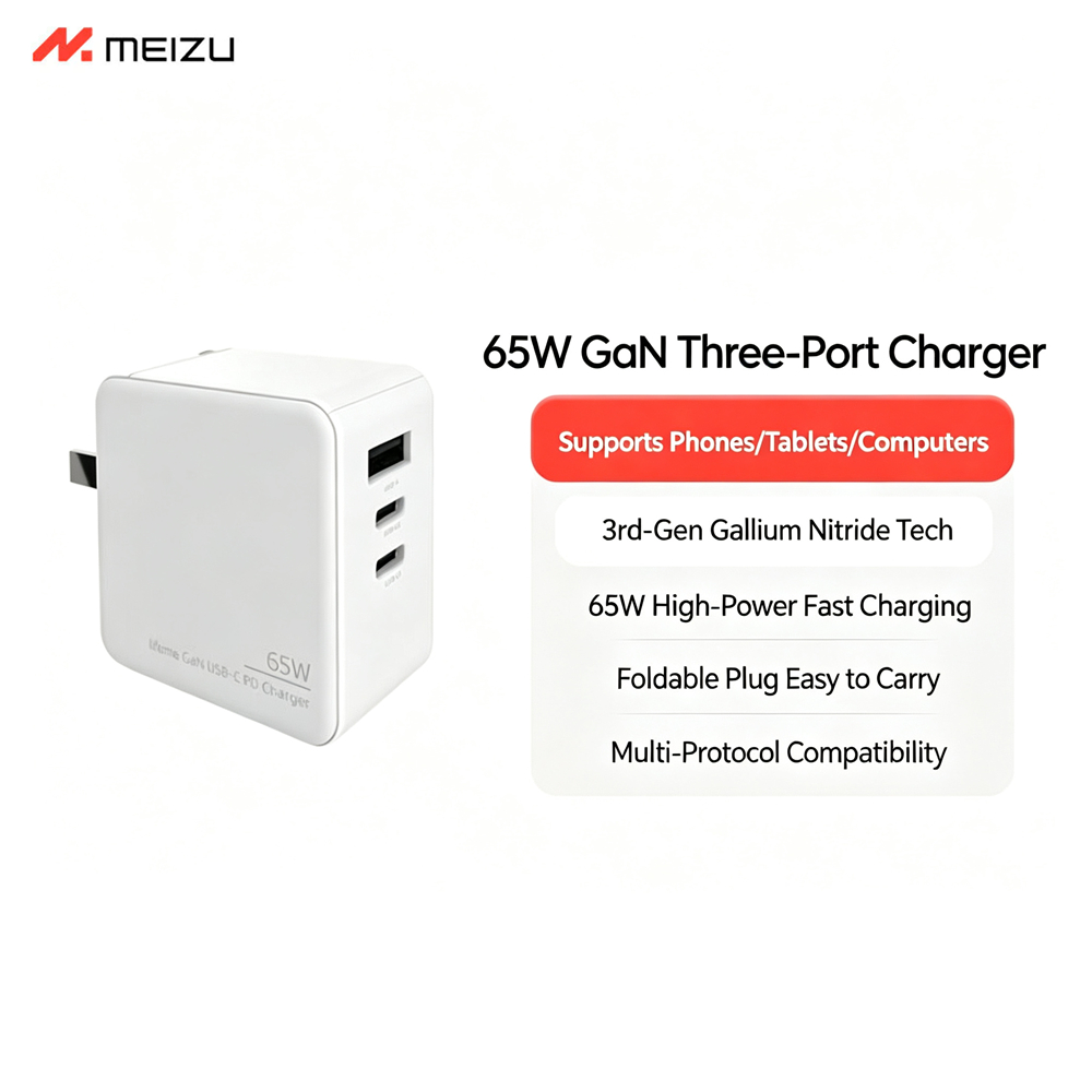 Meizu lifeme 65W GaN 3-Port Fast Charger 2C1A Multi-Protocol Foldable Charging Adapter