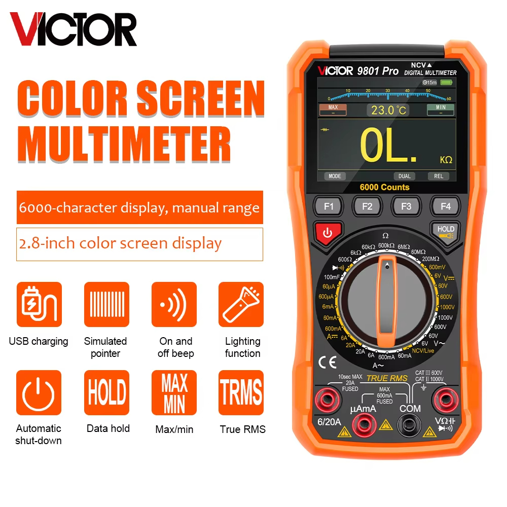 VICTOR 9801 Pro DIgital มัลติมิเตอร์ 6000 นับหน้าจอสี TFT AC/DC 1000V NCV Live Wire เครื่องทดสอบไดโอดอัจฉริยะ Multimetro