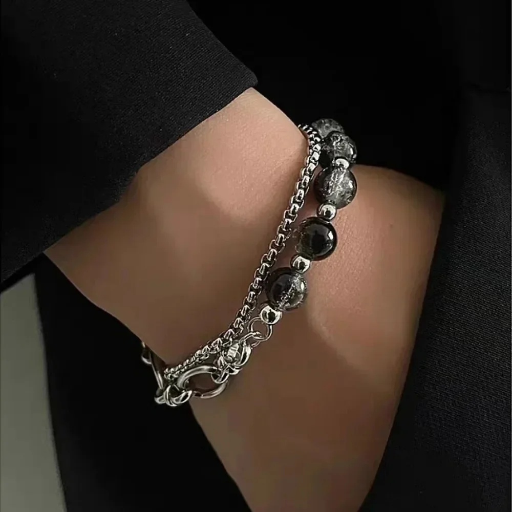 สร้อยข้อมือลูกปัดสีดำ Cracking Style สแตนเลส Double Layered Chain เครื่องประดับแฟชั่นHip-hop