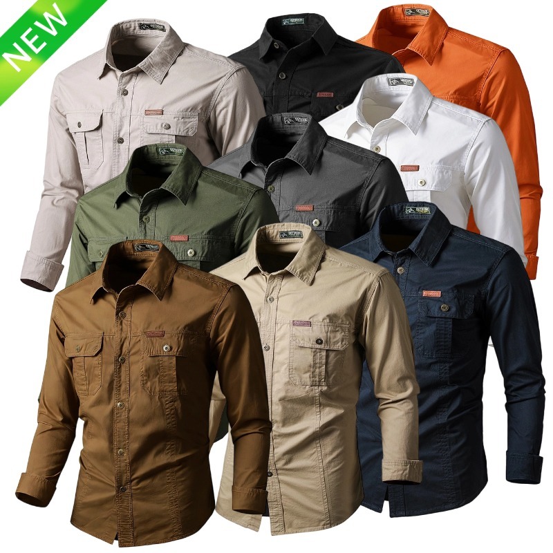 10 สีผ้าฝ้ายแท้ Workwear เสื้อแขนยาววัยกลางคนชายหนุ่มเสื้อลําลองปกบาง