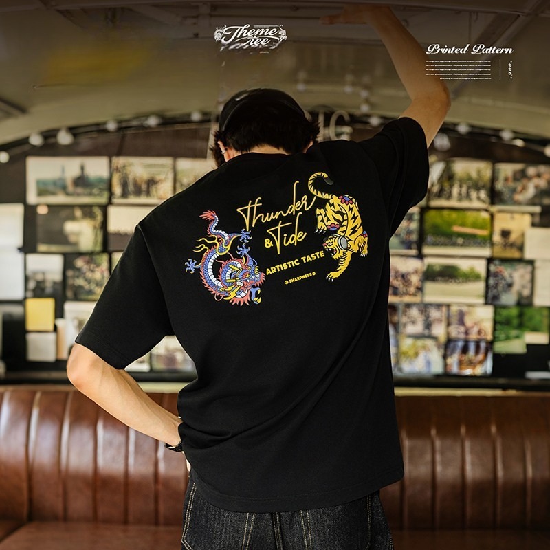 MRA Men 300g Heavyweight Cotton เสื้อยืดโฟม Dragon Tiger พิมพ์ Yokosuka ลูกเรือคอ Breathable แขนสั้น