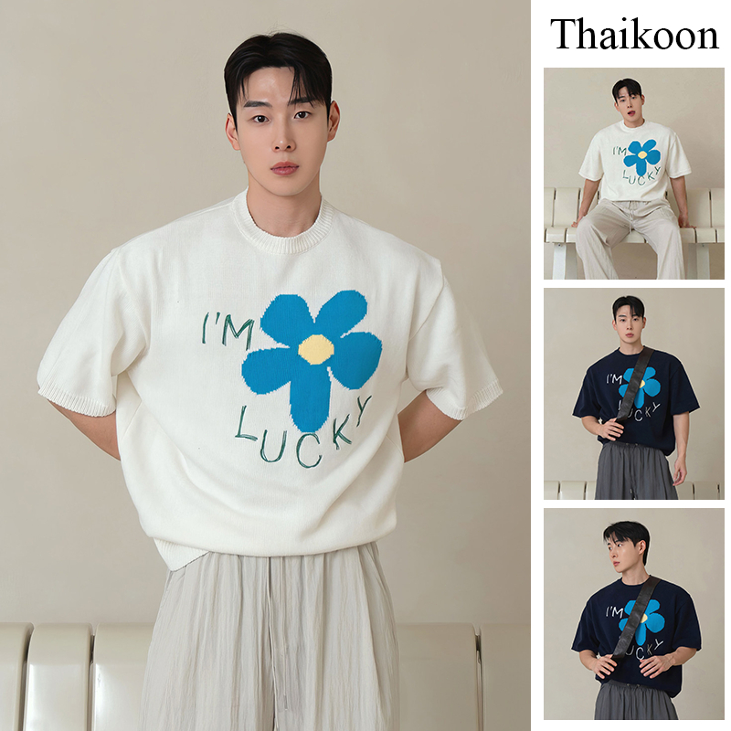 เสื้อท็อปแขนสั้นคอลูกเรือ พิมพ์ลายถักสไตล์เกาหลี ใส่สบายและยืดหยุ่น