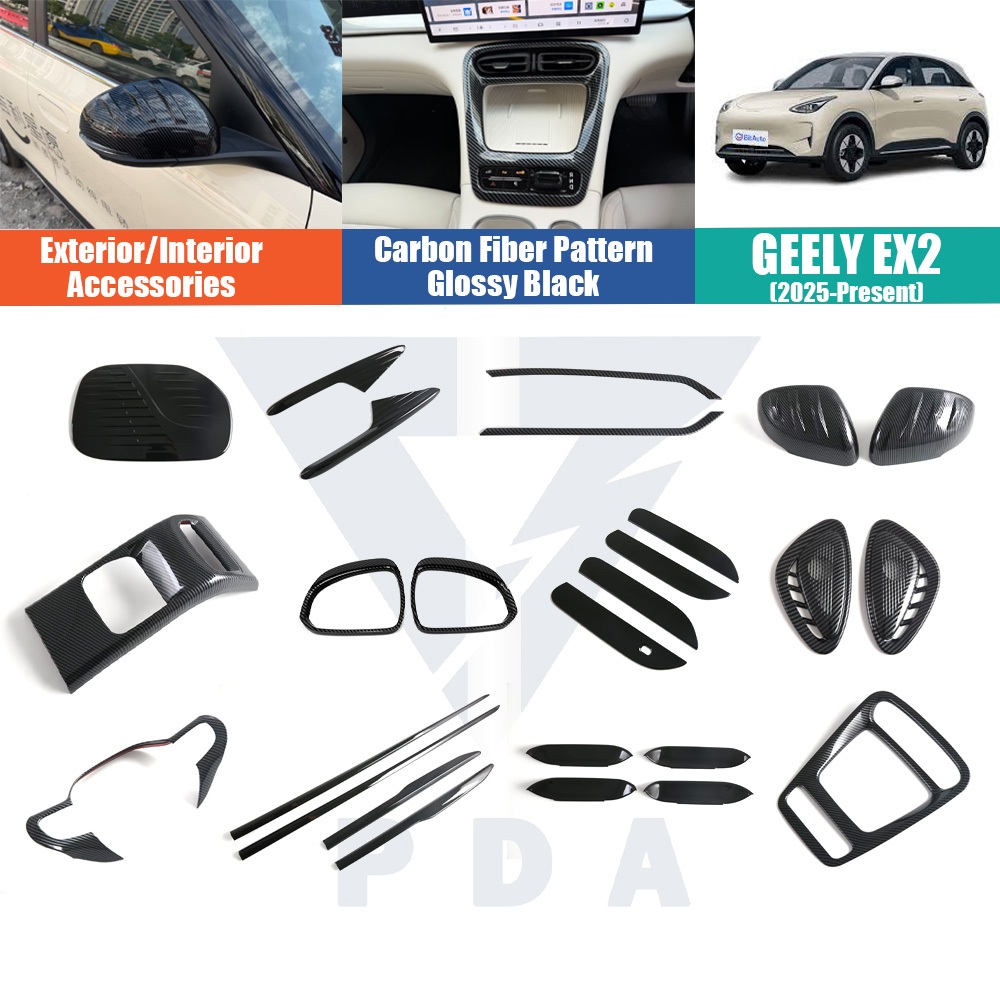 GEELY EX2 (2025-ปัจจุบัน) คาร์บอนไฟเบอร์/เงา คิ้วพวงมาลัยสีดํา ครอบมือจับประตูรถยนต์ อุปกรณ์ตกแต่งภายในและนอก