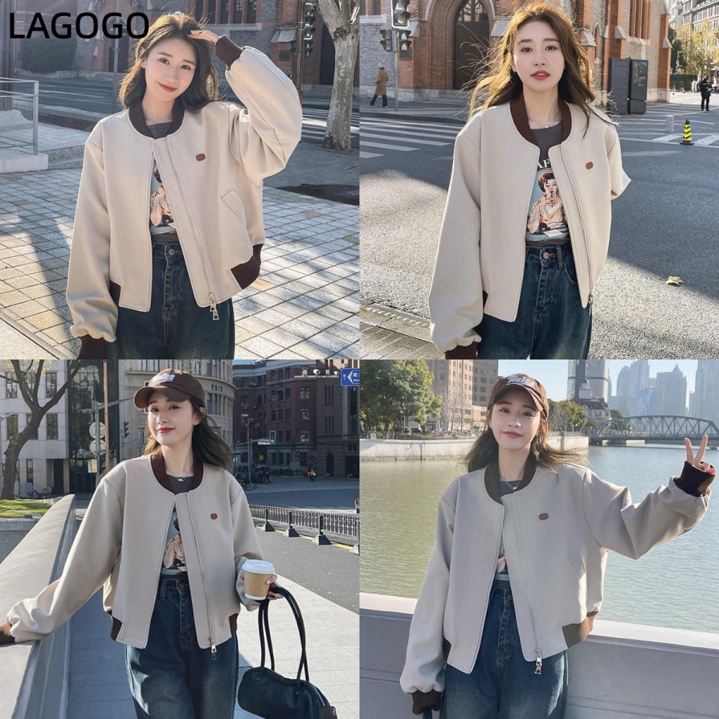เสื้อแจ็คเก็ตเบสบอลหลวมสไตล์ใหม่สไตล์อเมริกัน Street ขนาดเล็กสั้นสไตล์ All-Match Casual Contrast Color Jacket Top