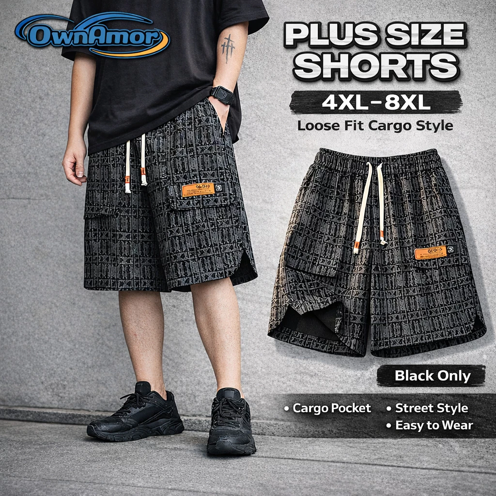 【4XL–8XL Local Stock】กางเกงขาสั้นคาร์โก้ผู้ชายไซซ์ใหญ่ Loose Fit Multi-Pocket สไตล์สตรีท