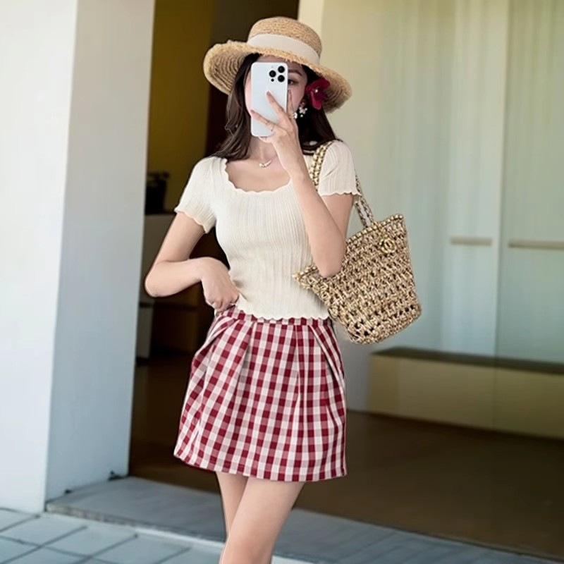 [Miss Su] Square Neck Design Pit Strip Short-Sleeved Sweater 2026 Summer Slim-Fit Slimmer Look All-M