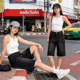 Yalu Jeans กางเกงยีนส์ทรง 5 ส่วน เอวสูง ผ้าไม่ยืด กางเกงขาสั้นสไตล์เกาหลีเอ ดีไซน์ขากว้างทันสมัย