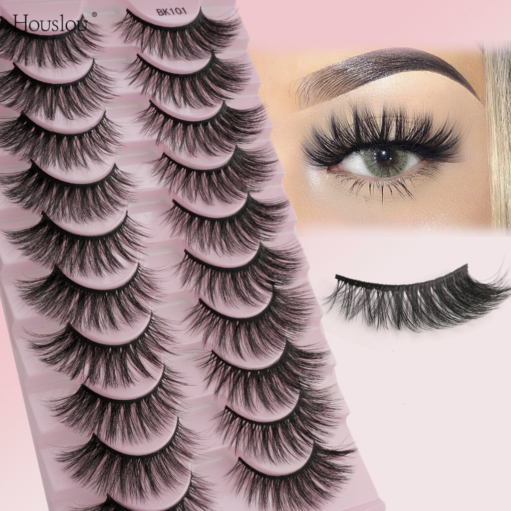 Houslou ธรรมชาติหนายาว Winged ขนตาปลอม 10 คู่ 3D ปลอม Lashes สําหรับ Stage แต่งหน้า