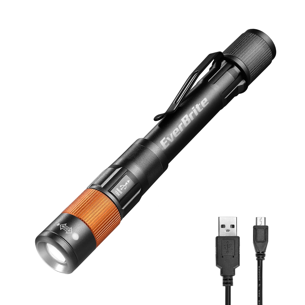 ไฟฉายปากกาชาร์จEverBrite สีดำ พร้อมแสงUVและแสงสีขาว มีคลิปและพอร์ทUSB-C สำหรับตั้งแคมป์และฉุกเฉิน