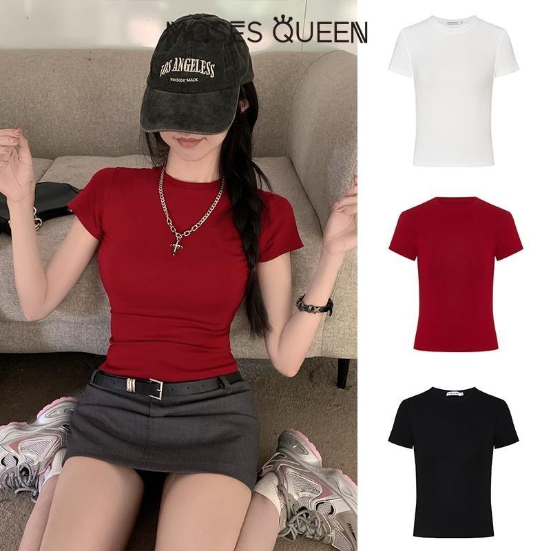 MOSESQUEEN  อเมริกัน บาง พอดี เสื้อยืดแขนยาวสําหรับผู้หญิง ฤดูร้อนสไตล์ใหม่สาวเผ็ดเสื้อฐานสั้นสีทึบไหล่ปกเสื้อด้านบน #62220-62145