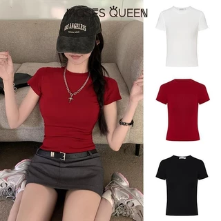 MOSESQUEEN แขนสั้นไหล่อเมริกันเผ็ดสาว ฤดูร้อนใหม่ของผู้หญิงเอวคอลเลกชันเสื้อยืดสลิมฟิตรอบคอบางสั้นครึ่งแขนด้านบน#62145