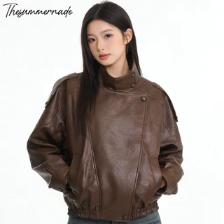 Thesummernade Stand Collar Leather Jacket แจ็คเก็ตหนัง แจ็คเก็ตสีน้ำตาล ชุดเที่ยวต่างประเทศ เสื้อกันหนาว