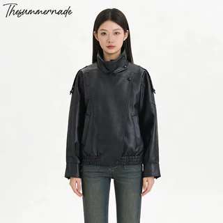 Thesummernade Stand Collar Leather Jacket แจ็คเก็ตหนัง แจ็คเก็ตสีน้ำตาล ชุดเที่ยวต่างประเทศ เสื้อกันหนาว