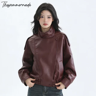 Thesummernade Stand Collar Leather Jacket แจ็คเก็ตหนัง แจ็คเก็ตสีน้ำตาล ชุดเที่ยวต่างประเทศ เสื้อกันหนาว