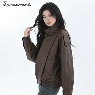 Thesummernade Stand Collar Leather Jacket แจ็คเก็ตหนัง แจ็คเก็ตสีน้ำตาล ชุดเที่ยวต่างประเทศ เสื้อกันหนาว