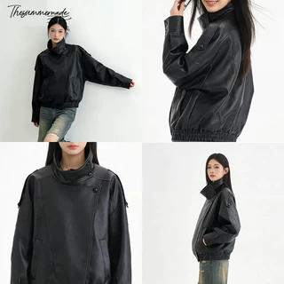 Thesummernade Stand Collar Leather Jacket แจ็คเก็ตหนัง แจ็คเก็ตสีน้ำตาล ชุดเที่ยวต่างประเทศ เสื้อกันหนาว