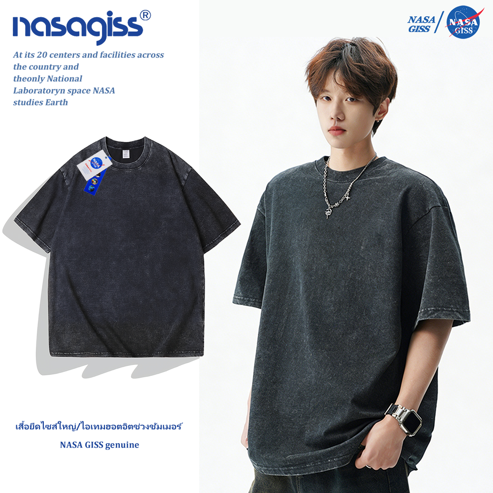NASA เสื้อยืดฟอก oversize ชายหญิงแขนสั้น สตรีทฮิปฮอป summer คอตตอน100% คอกลม หลวมและระบายอากาศ