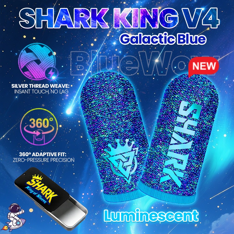 อัพเกรดเรืองแสงBluewow Shark King V4 ปลอกนิ้วสําหรับเล่นเกมสีฟ้าแลคติก, เส้นใยเงินซุปเปอร์นําไฟฟ้า 100%, ฝาครอบนิ้วหัวแม่มือกันเหงื่อบางเฉียบสําหรับเล่นเกมมือถือ