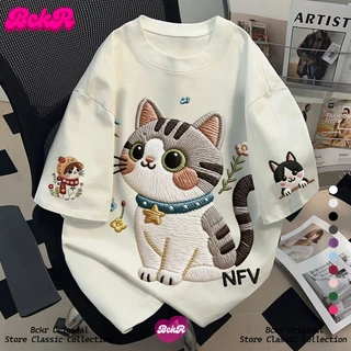 【จัดส่งตลอด 24 ชั่วโมง】🔥BCKR ลายแมวน้อย oversize ชุดหน้าร้อนคอกลมเสื้อ🐱 เสื้อผญเสื่อยืด YG4721