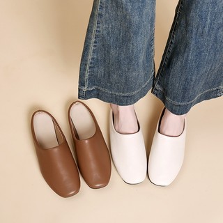 New Korean Fashion Sandals For Women Soft Leather Square Toe Comfy Casual Shoes Half Slippers