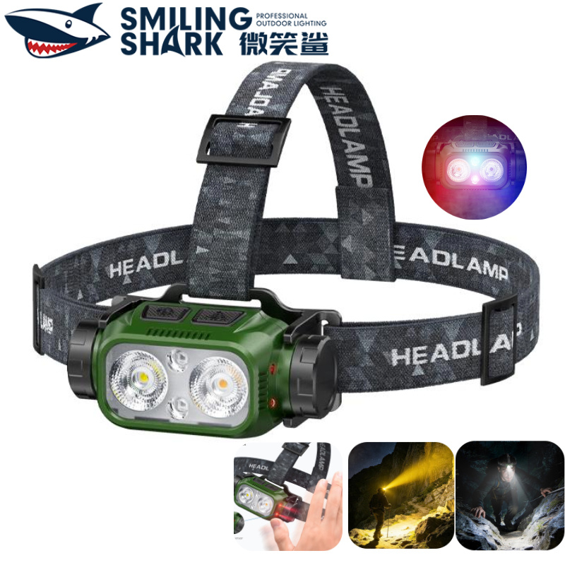 SMILING SHARK ไฟหน้าLED ชาร์จได้ 10 โหมดสี ทนน้ำ IPX4 เหมาะสำหรับการเดินป่าและการกลางแจ้ง TD0295