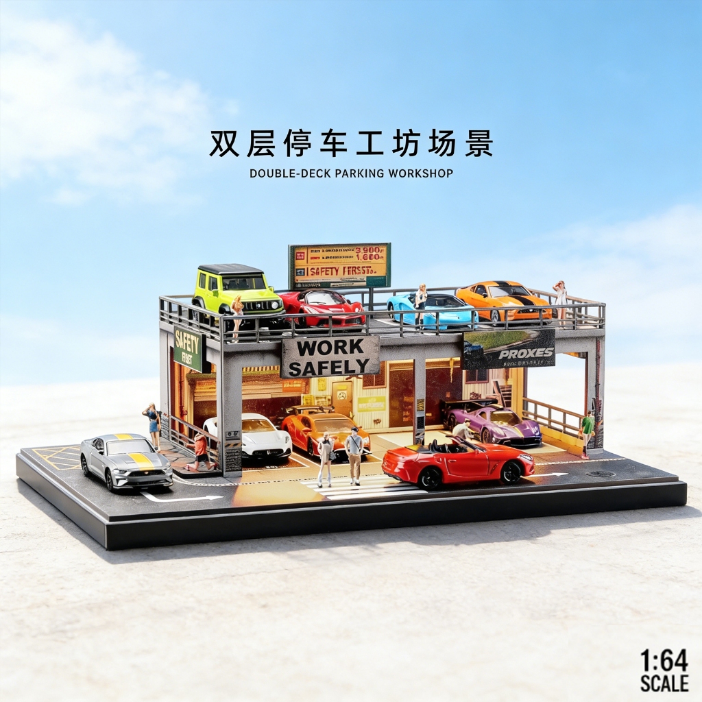 Diorama 1/64 Scale Double-Decker จําลองโรงรถรุ่นพร้อมไฟที่จอดรถกล่องแสดงรถขนาดเล็ก