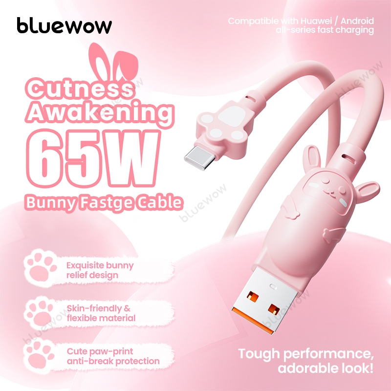 BlueWow 65W กระต่ายสีชมพูสายชาร์จเร็ว USB-Type C /Type C ถึง Type C สายชาร์จเร็ว USB C สายชาร์จ
