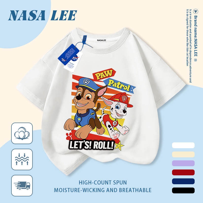 【จัดส่งวันเดียวกัน】เสื้อแขนสั้นผ้าฝ้ายแท้สีขาวสำหรับเด็ก ลาย NASA และคู่หูน้องหมา สุดเท่ ระบายอากาศดี เหมาะสำหรับเด็กอายุ 3-16 ปี ทั้งชายและหญิง สไตล์ลำลอง