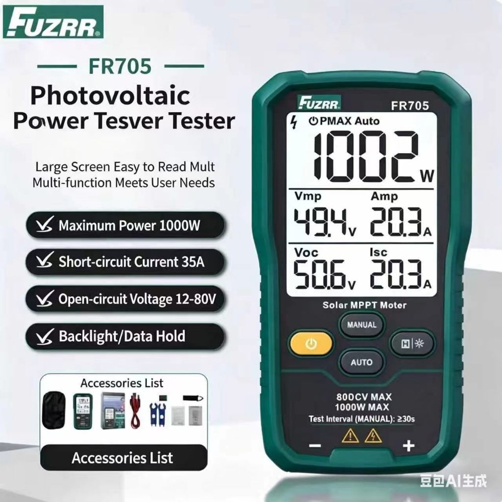 FUZRR FR705 1000W Solar Panel Tester MPPT Power Meter Reverse Protection Auto Power Solar System Maintenance Solar Power