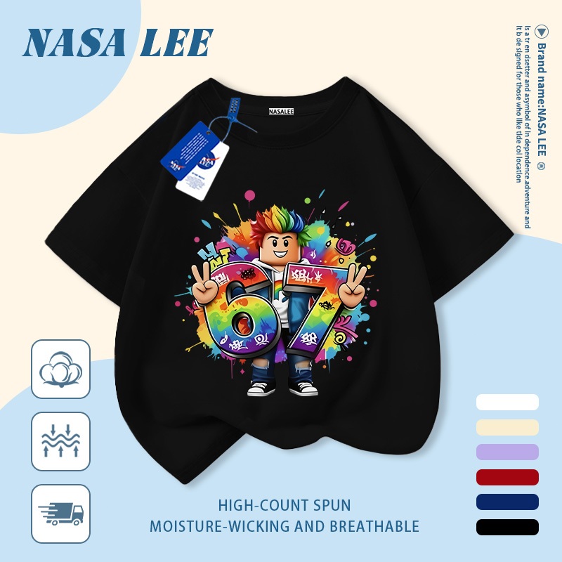 【จัดส่งวันเดียวกัน】เสื้อแขนสั้นผ้าฝ้ายแท้สีขาวสำหรับเด็ก ลาย NASA ตัวเลข 67 สีสันสดใสและตัวละครเท่ ๆ ระบายอากาศดี เหมาะสำหรับเด็กอายุ 3-16 ปี ทั้งชายและหญิง สไตล์ลำลอง