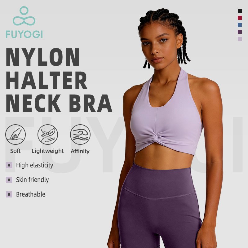 FUYOGI โยคะ Halter Neck Bra ไนลอน Twist Knot สวยกลับความยืดหยุ่นสูง Breathable ฟิตเนสออกกําลังกาย
