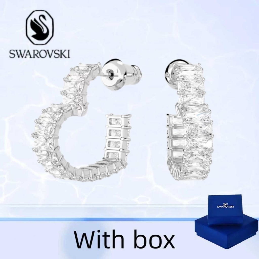 ต่างหู Swarovski รูปหัวใจขนาดเล็กบนวงกลมขนาดใหญ่ เครื่องประดับเงินแท้ มาพร้อมกล่อง