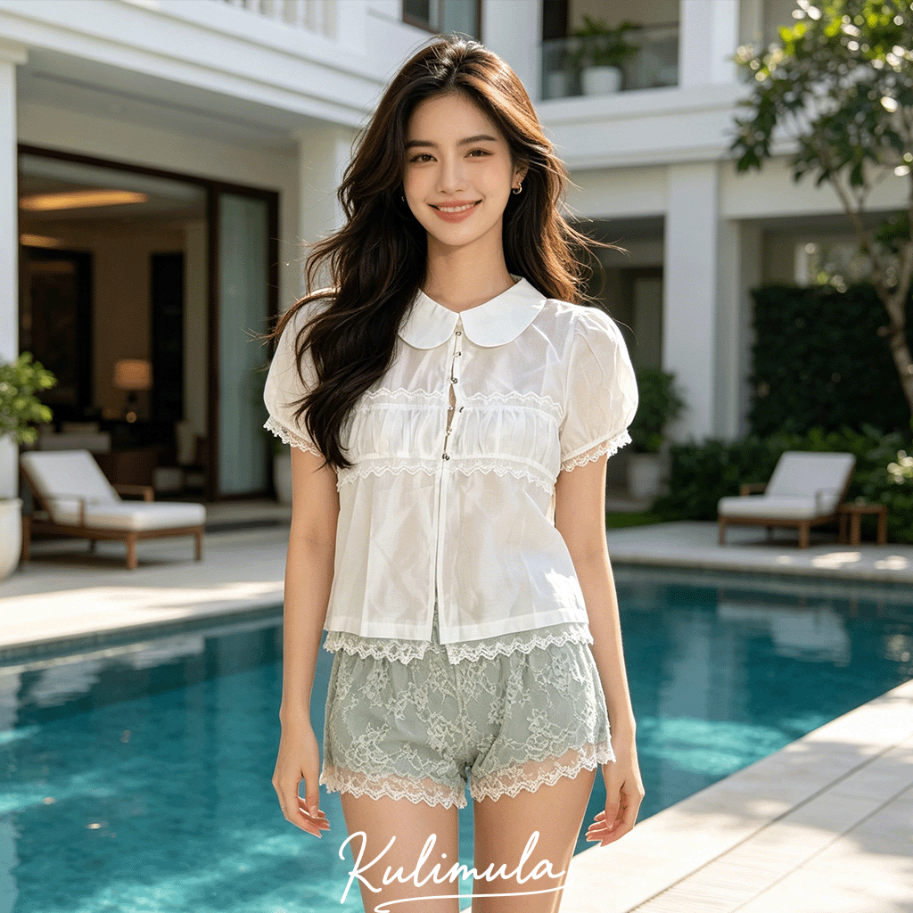 KULIMULA Zoom Blouse เสื้อแขนตุ๊กตา เสื้อคอปกขอบลูกไม้ ทรงครอป แต่งปุ่มผูก สไตล์สวีท สำหรับฤดูร้อน/ทะเล [พร้อมส่ง] Q26 – โปรปัง