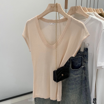 เสื้อถักแขนสั้นแบบเกาหลี คอวี สำหรับผู้หญิง สวมใส่ง่ายในฤดูร้อน