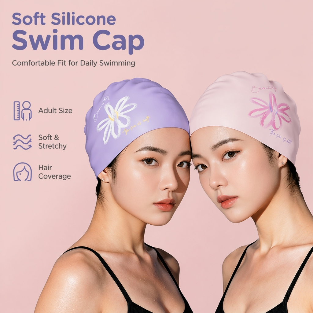 หมวกว่ายน้ำสำหรับผู้ใหญ่ ทำจากซิลิโคนอ่อนนุ่ม ลายดอกไม้ พอดีกับคนผมยาว
