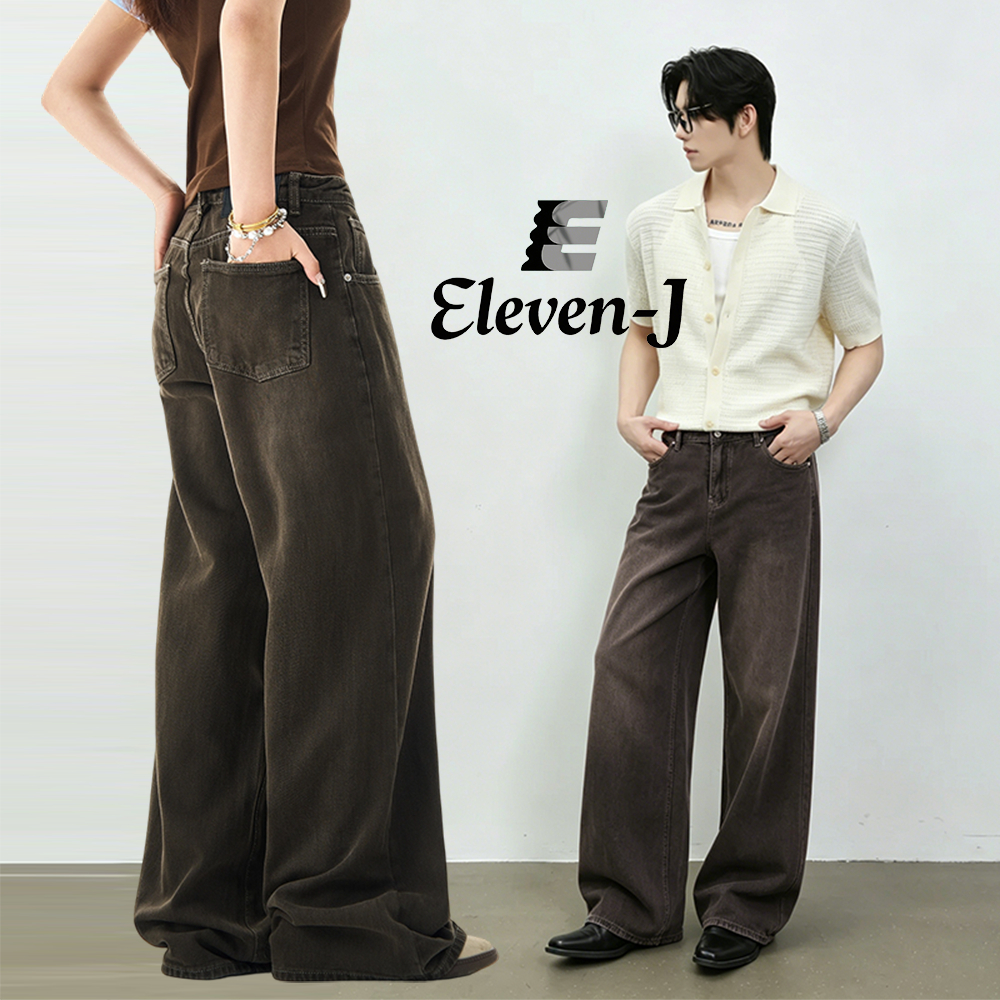 ELEVEN-J กางเกงยีนส์ขากว้าง baggy jeans กางเกงยีนส์วินเทจ สีน้ำตาล ยูนิเซ็กซ์ ใส่สบาย สไตล์วินเทจ