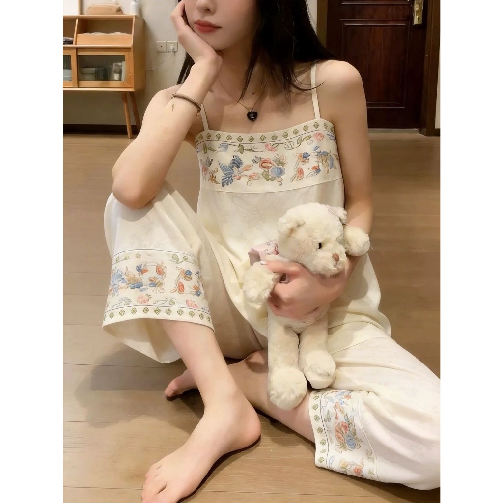 ใหม่สไตล์จีนชุดนอนผู้หญิงบางพิมพ์กางเกงแขวนหลวมชุดใส่อยู่บ้าน