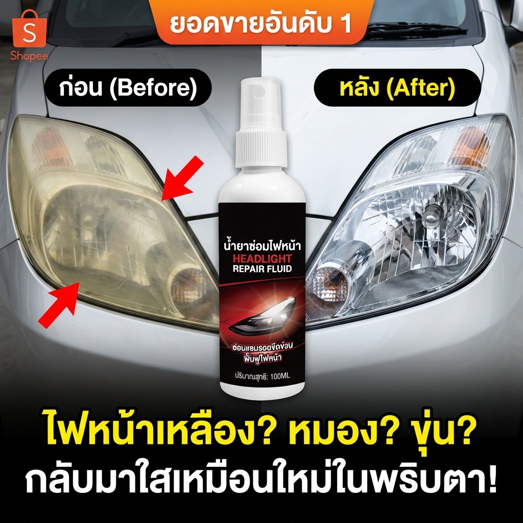 ✨ใสจนเหมือนกระจกใหม่ น้ำยาขัดไฟหน้า✨น้ำยาขัดไฟหน้ารถยนต์ น้ำยาขัดไฟรถยนต์ แก้ไฟหน้ารถเหลือง ออกซิเดชั่น ไม่ต้องถอดไฟหน้า 100ml