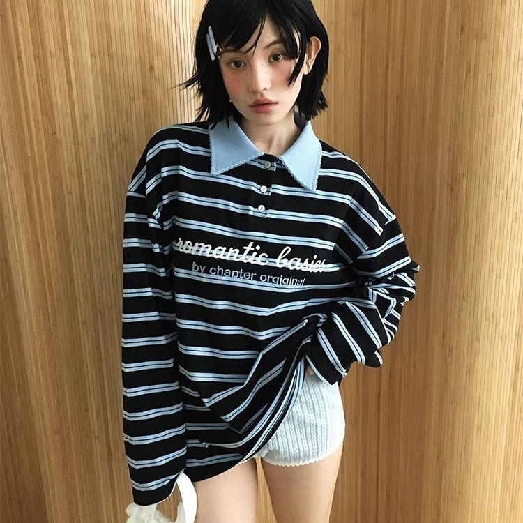 💜MISS SUMEY💜 M-2XL โปโล เสื้อ ผู้หญิง สไตล์เกาหลี ปัก แขนยาว โอเวอร์ไซส์ สตรีท ท็อป