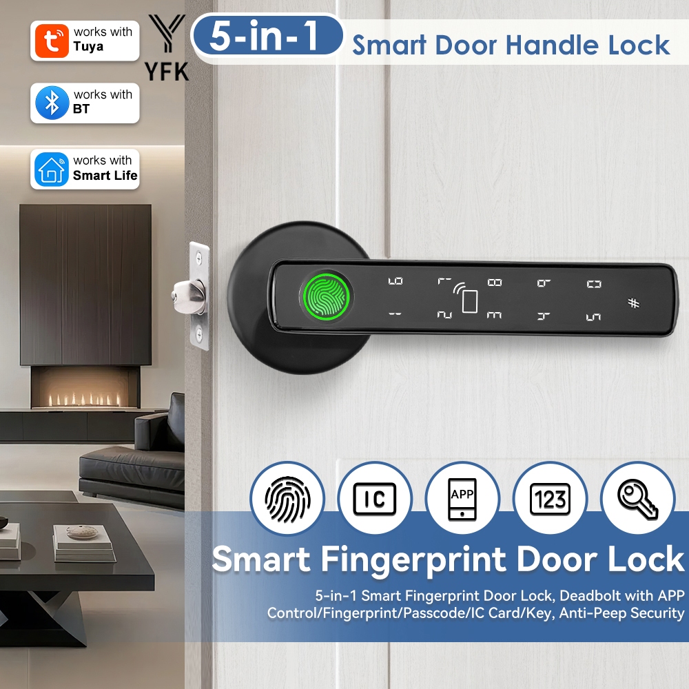 5-in-1 Tuya ลายนิ้วมือประตูล็อครหัสผ่านล็อคกุญแจ IC การ์ด Bluetooth APP ปลดล็อคประตูมือจับเดียวชีวิตสมาร์ท