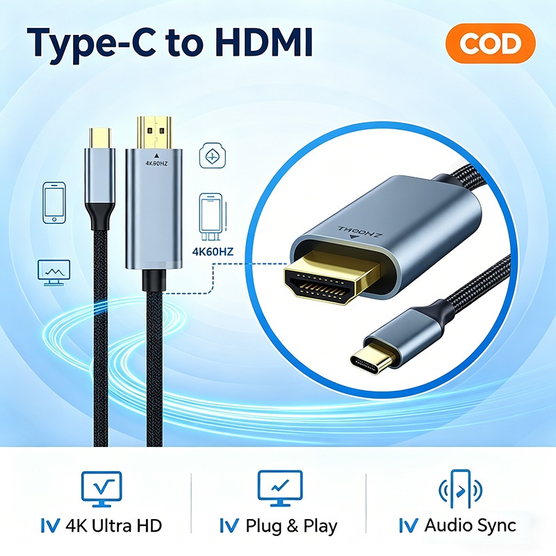 USB C ถึง HDMI 4K USB Type C ถึงสาย HDMI สําหรับ iPhone 16/15 MacBook Pro/Air iMac iPad Pro Galaxy พื้นผิว Dell HP