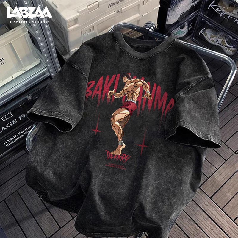 แฟชั่นเกาหลี🔥เสื้อยืดคอกลมแขนสั้น ลายการ์ตูนญี่ปุ่น "บากิ" สำหรับคนรักการต่อสู้ วินเทจฟอกน้ำ oversize ใส่สบาย ไม่ต้องรีด แนวสตรีทแฟชั่น YG968