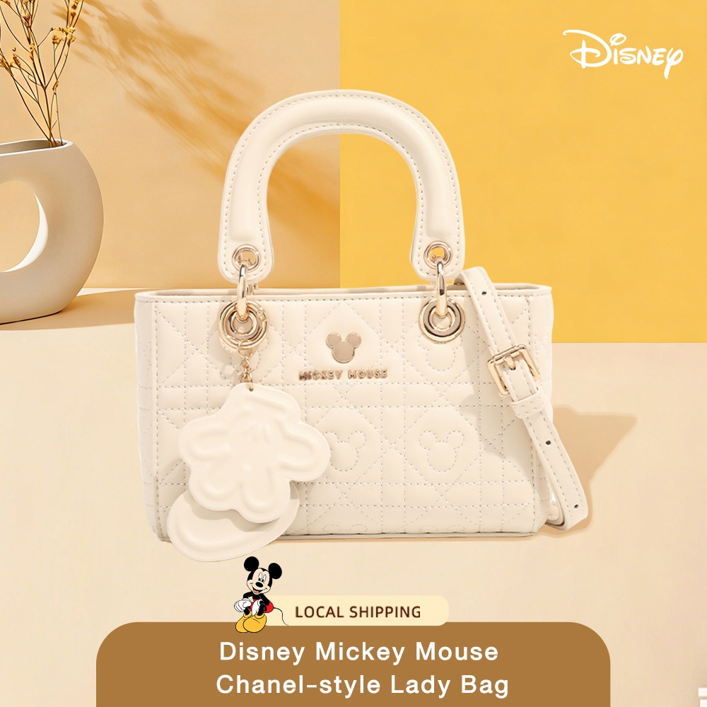 Disney ของแท้ Mickey Mouse กระเป๋าถือโทteil ลาย-quilting สีดำ สำหรับผู้หญิง พกพาสะดวก สามารถถือหรือสะพายได้