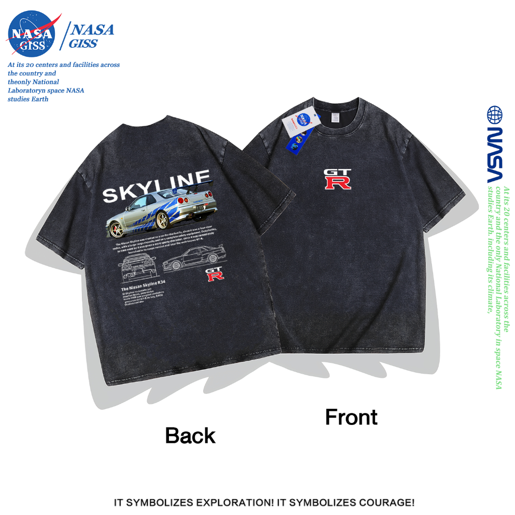 NASA เสื้อยืดฟอก oversize ชายหญิงแขนสั้น สตรีทฮิปฮอป summer การแข่งขันGT-R พิมพ์ลาย คอตตอน100% คอกลม